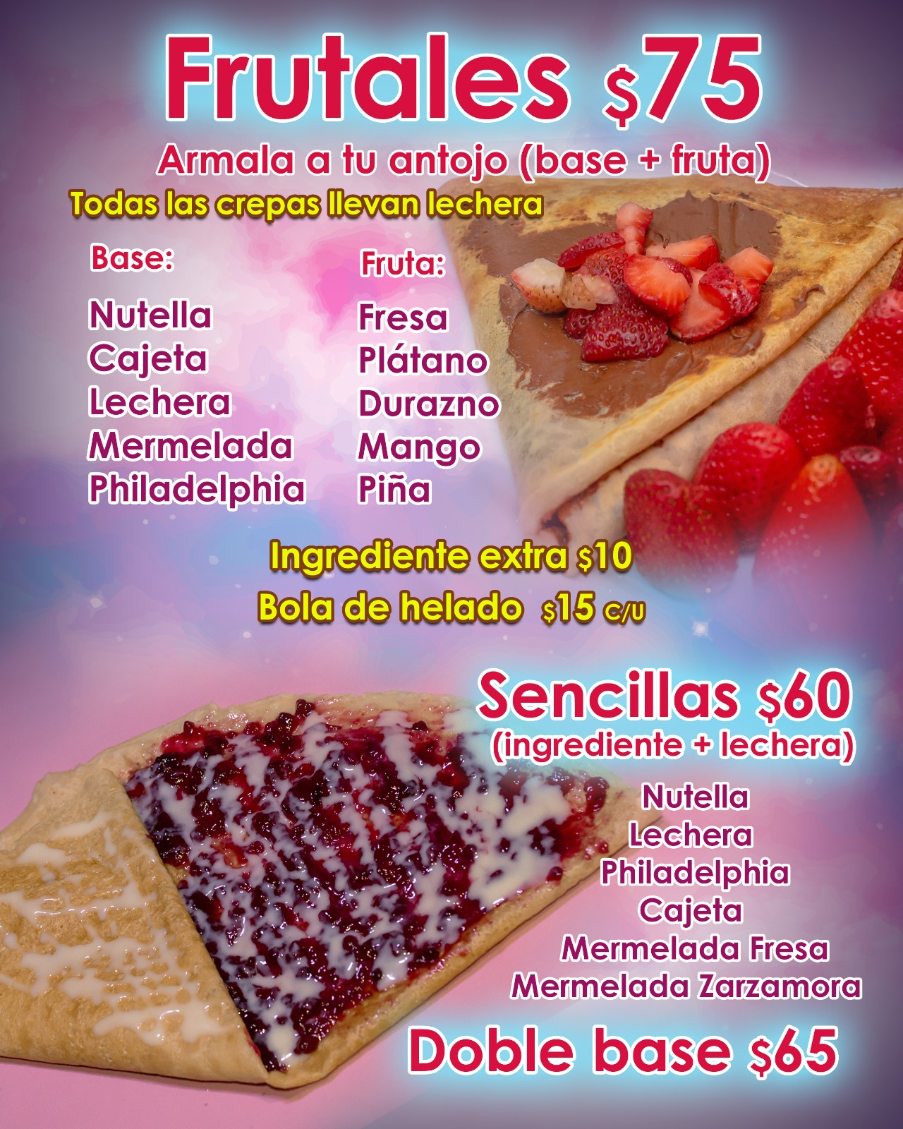 Menú Crepas Dulces Sencillas